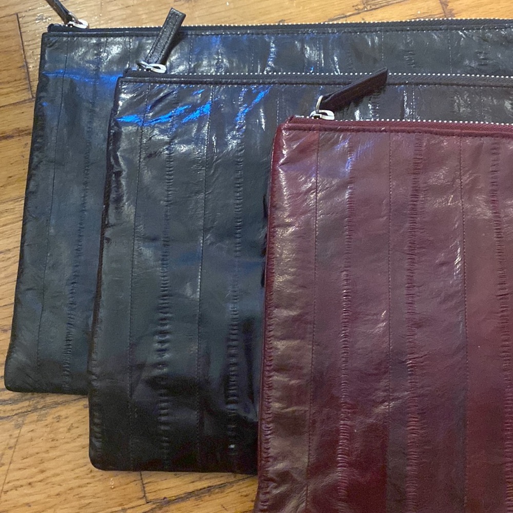 The colors are black, burgundy, and mahogany. The were used once.Snakeskin bags